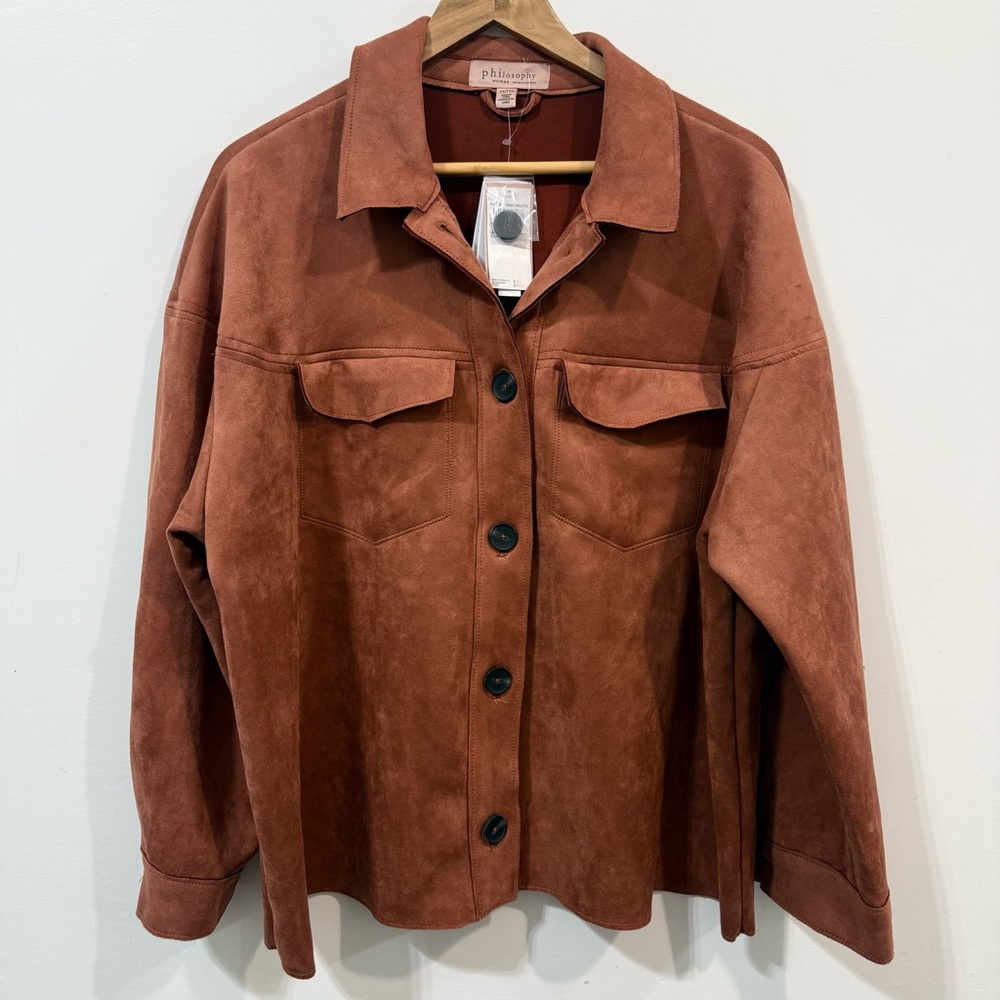 Philosophy Faux Leather Women's Brown Suede Button Down Shirt Jacket Size 2X